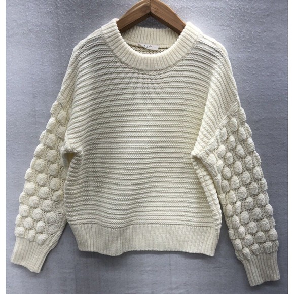 Eloise Sweaters - Eloise Womens Knit Sweater Cream Size XL Ribbed Knit Designed Sleeves Crew Neck